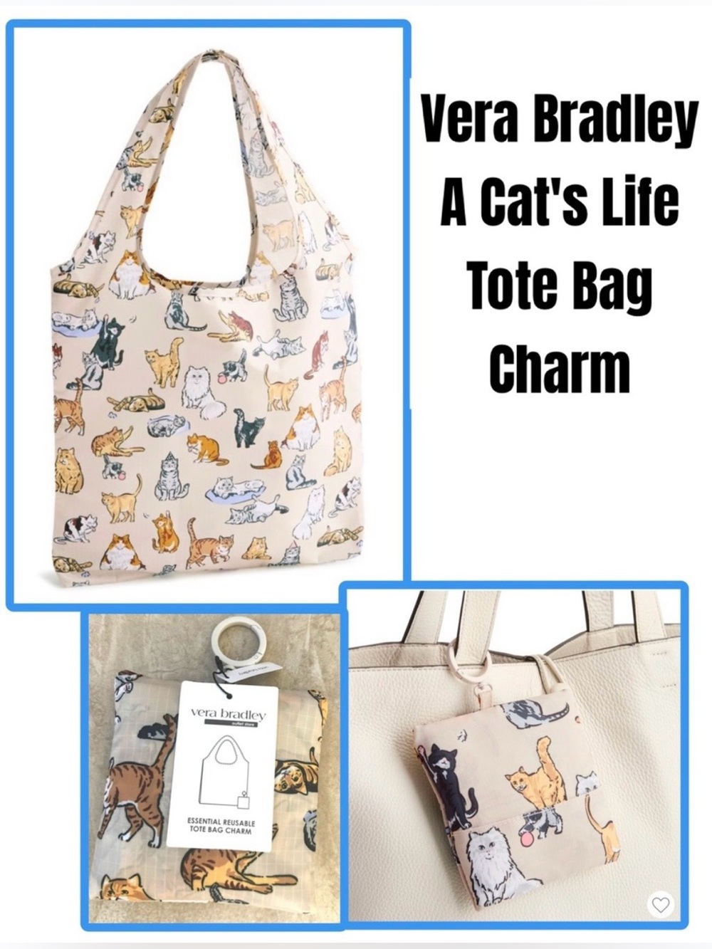 Vera Bradley Cat’s Life Outlet Essential Reusable Tote Bag Charm in Ripstop